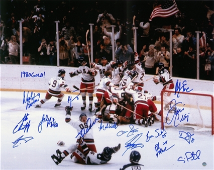 1980 USA Hockey Team Signed Celebration 16x20 Photo With 15 Signatures & Inscriptions (Steiner)